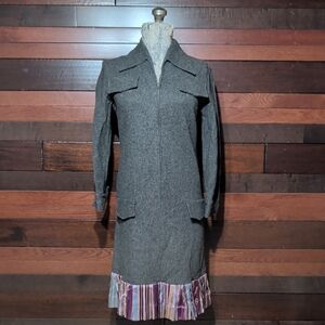 Vintage John Abbott Chic Gray Wool Trench Coat with Striped Hem